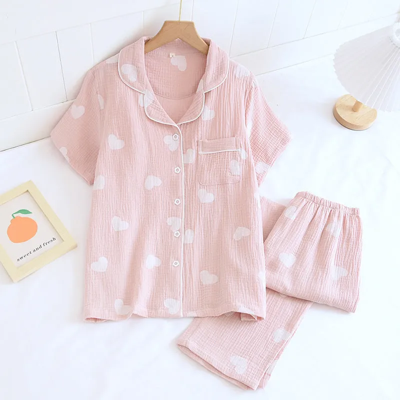 Women's Short Sleeved Long Pants Cotton Pajama Set