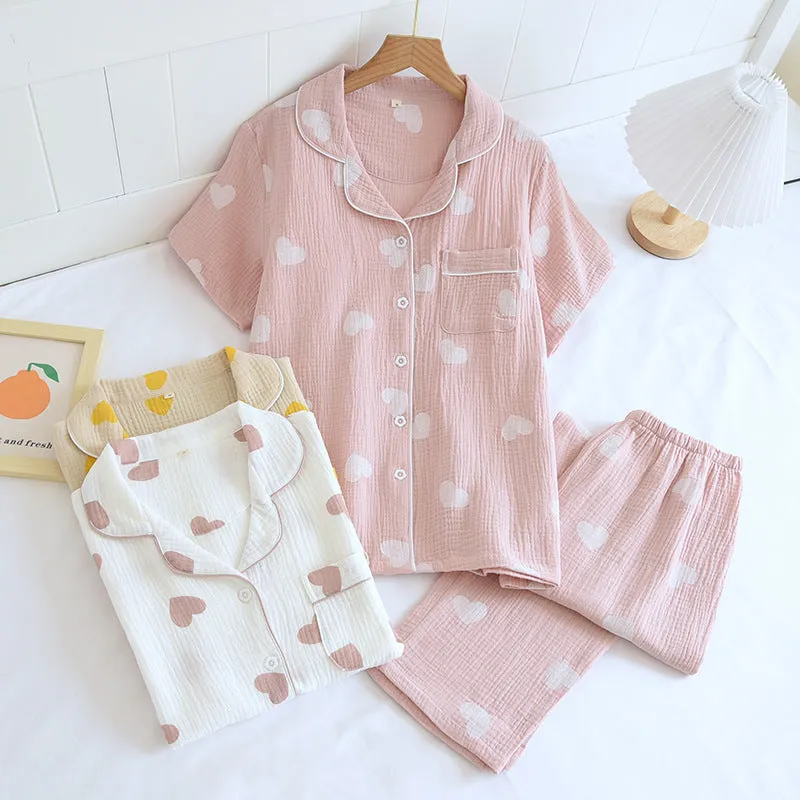 Women's Short Sleeved Long Pants Cotton Pajama Set