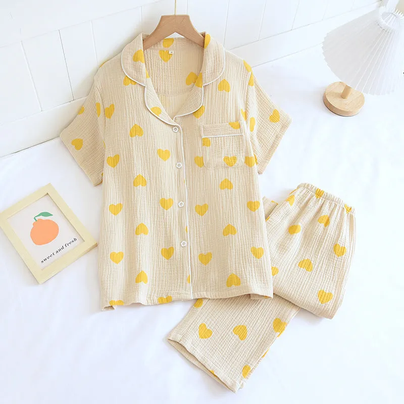 Women's Short Sleeved Long Pants Cotton Pajama Set