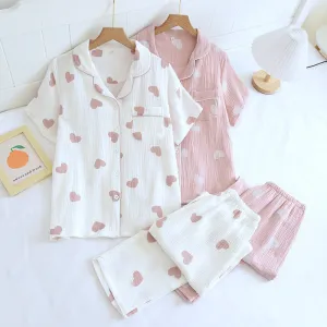 Women's Short Sleeved Long Pants Cotton Pajama Set