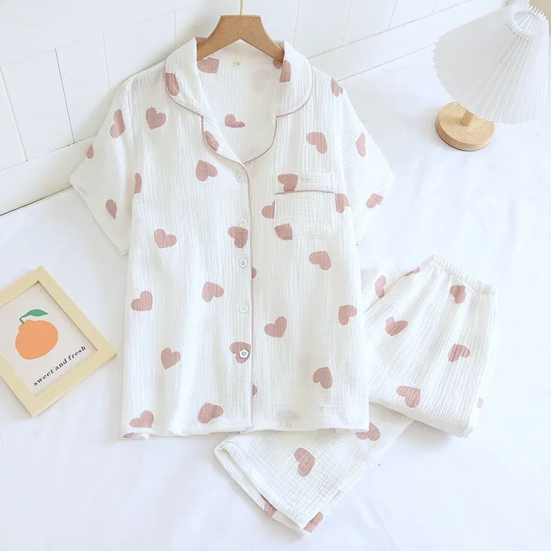Women's Short Sleeved Long Pants Cotton Pajama Set