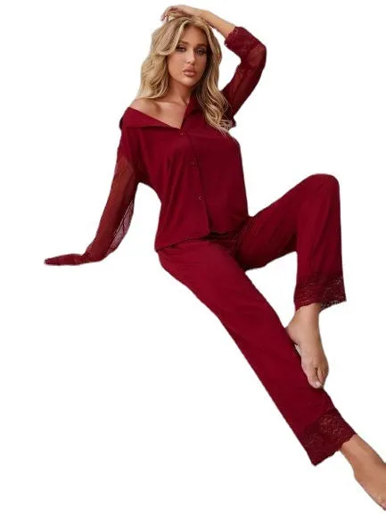 Women's Solid Color Net Gauze Long-sleeved Top And Trousers Pajama Set