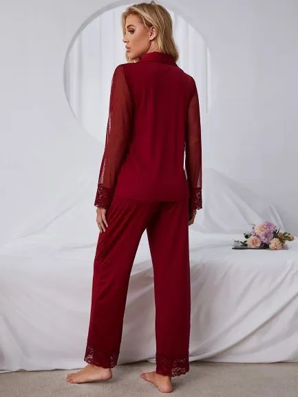 Women's Solid Color Net Gauze Long-sleeved Top And Trousers Pajama Set