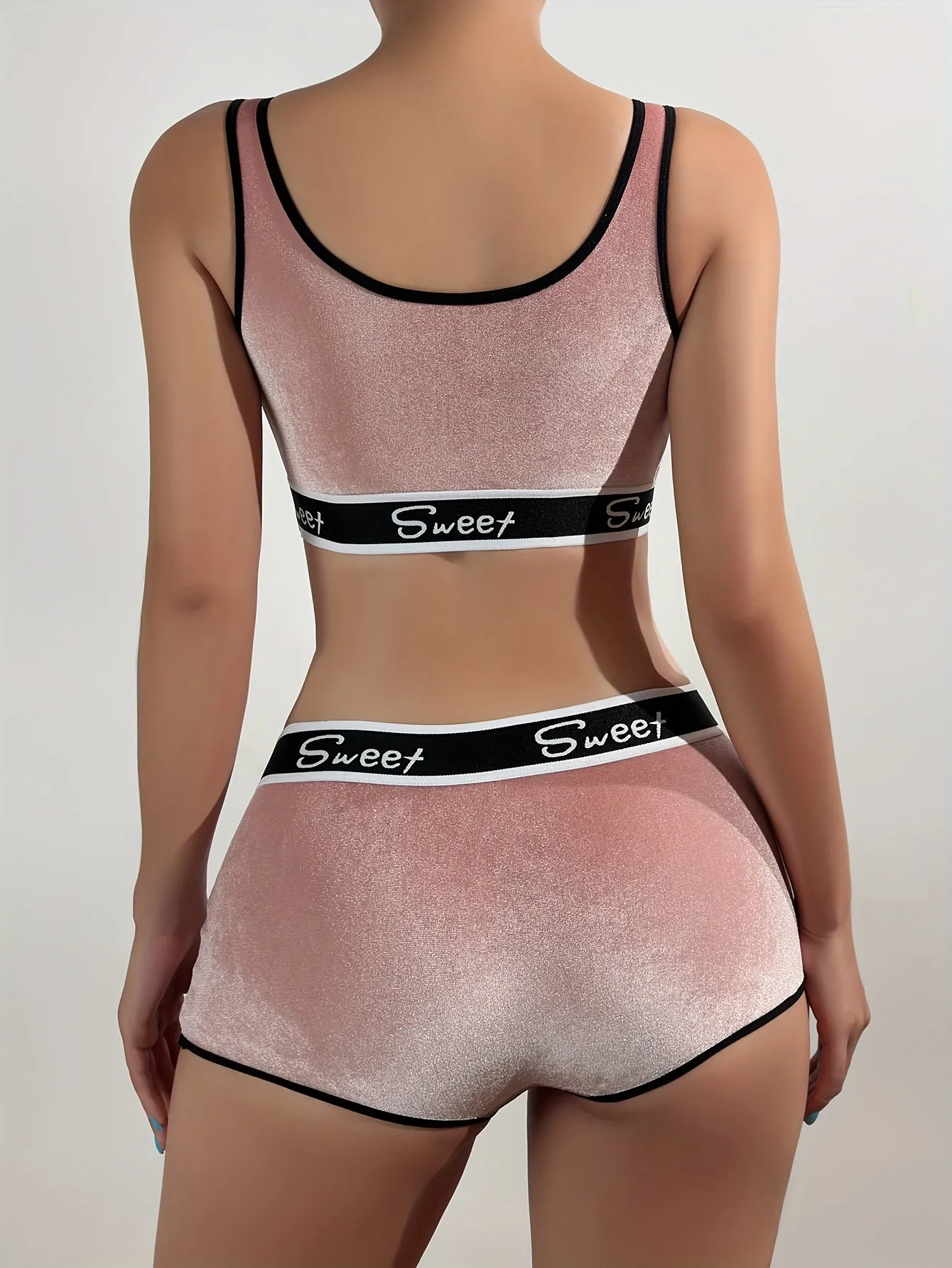 Women's Velvet Color Block Print Lingerie Set - Tank Bra & Boyshorts for Fall/Winter Sleepwear