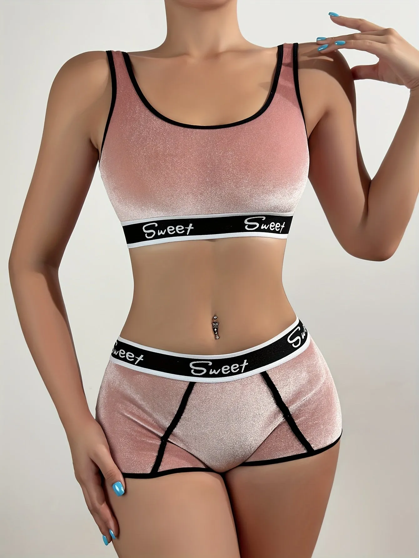 Women's Velvet Color Block Print Lingerie Set - Tank Bra & Boyshorts for Fall/Winter Sleepwear