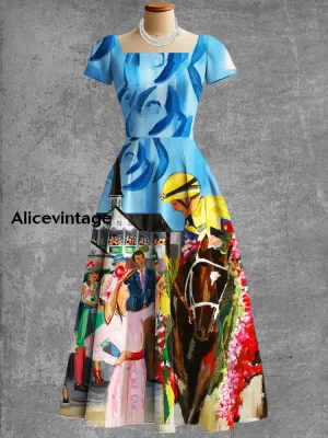 Women's Vintage Derby horses Art Print V Neck Elegant Midi Dress