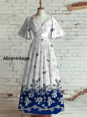 Women's Vintage Floral Art Print V Neck Short Sleeve Elegant Midi Dress