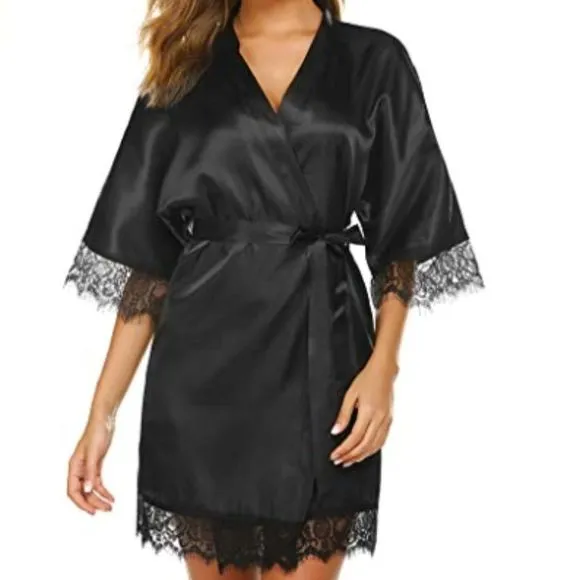 Women Satin Kimono Robes Silk Short Bridesmaid Robe Lingerie Dressing Gown