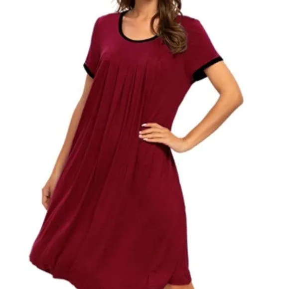 Women's Nightgown Sleepwear Sleep Shirt Short Sleeve Crewneck Pleated