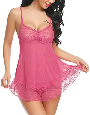 Xs and Os Women's Polyester Spandex Mix, Lace Floral Above Knee Baby Doll (PW_L_X011_Pink, Watermelon Gajri_Free Size)