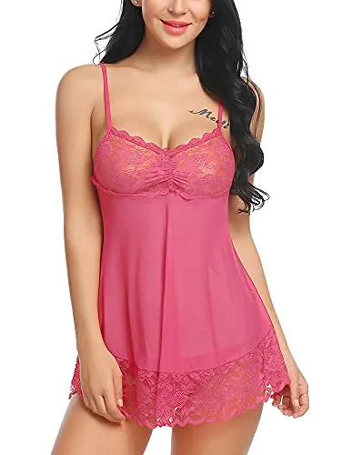 Xs and Os Women's Polyester Spandex Mix, Lace Floral Above Knee Baby Doll (PW_L_X011_Pink, Watermelon Gajri_Free Size)