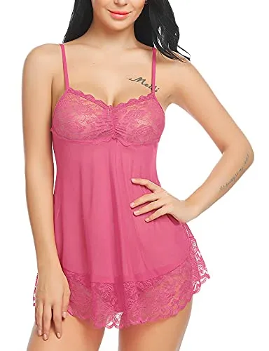 Xs and Os Women's Polyester Spandex Mix, Lace Floral Above Knee Baby Doll (PW_L_X011_Pink, Watermelon Gajri_Free Size)