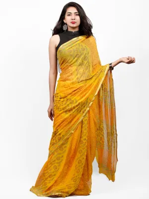 Yellow Orange Green Hand Block Printed Chiffon Saree with Zari Border - S031703284