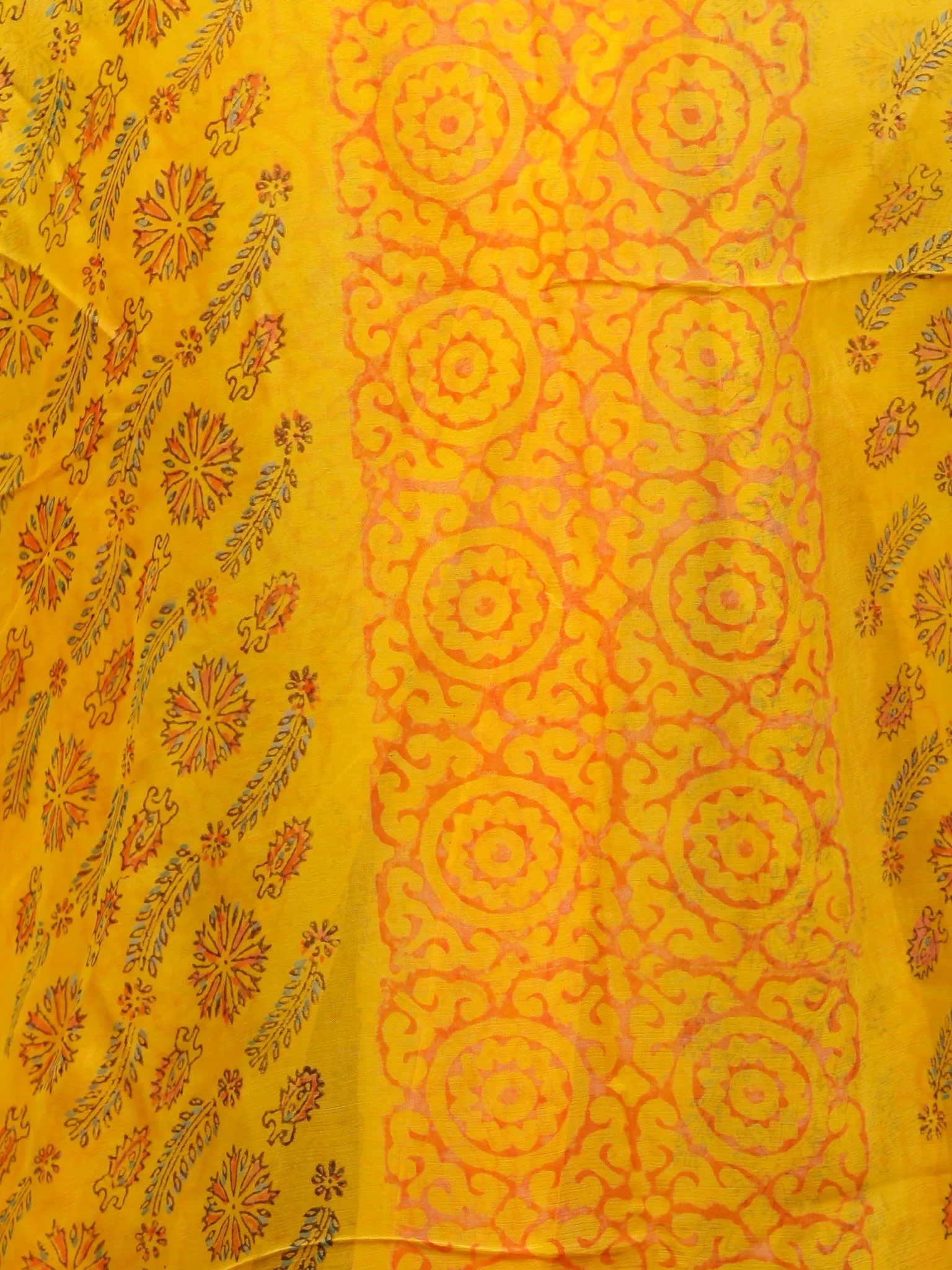 Yellow Orange Green Hand Block Printed Chiffon Saree with Zari Border - S031703284