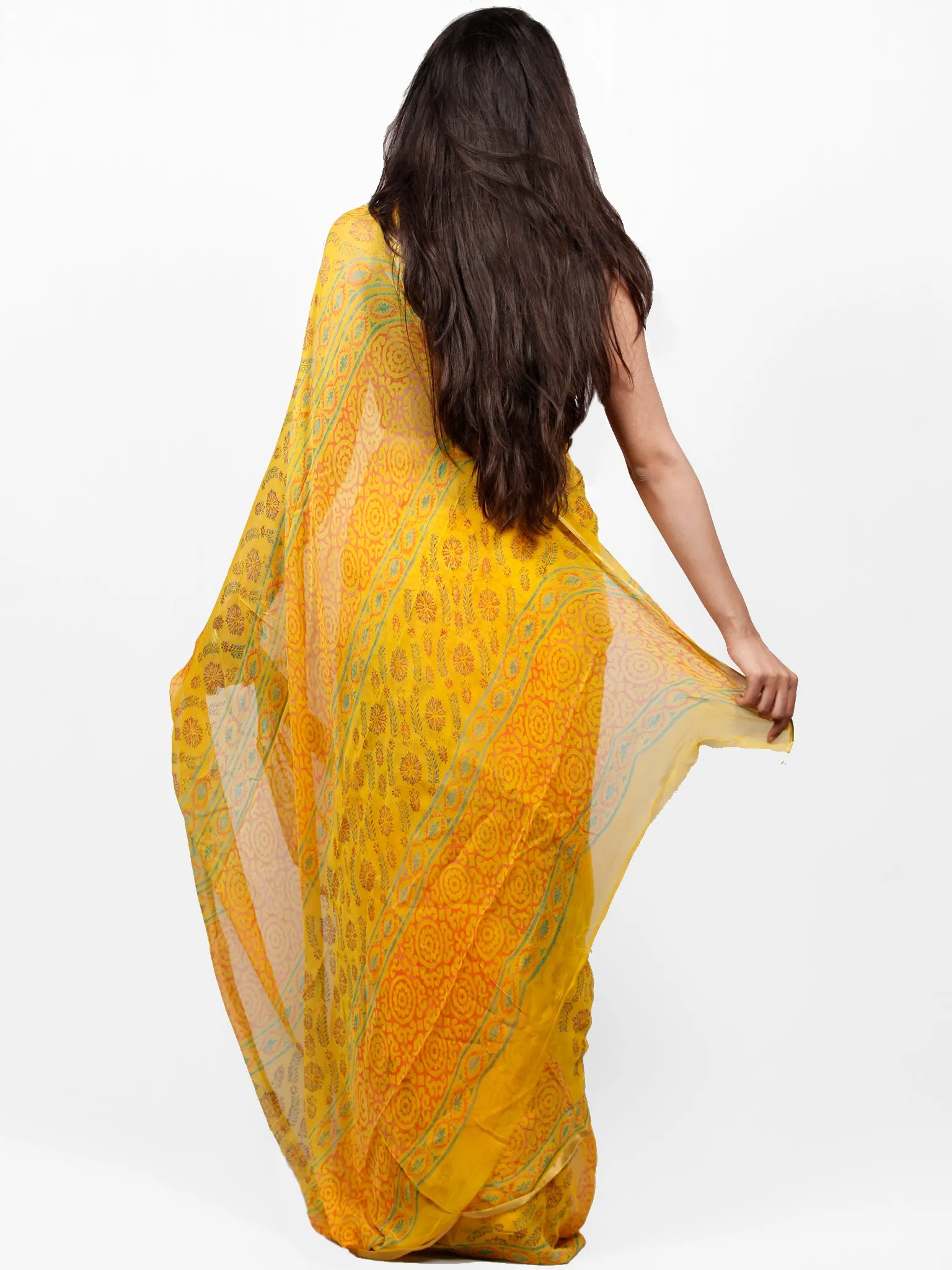 Yellow Orange Green Hand Block Printed Chiffon Saree with Zari Border - S031703284