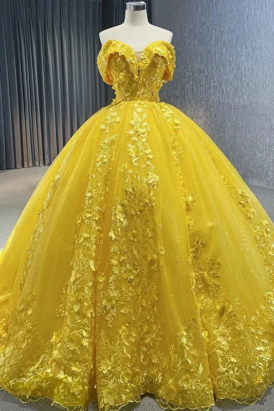 Yellow Sweetheart Party Dresses Lace Sleeveless Quinceanera Dresses