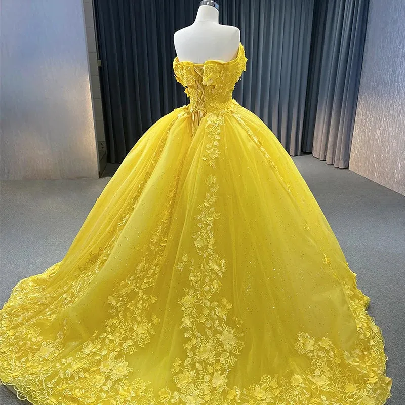 Yellow Sweetheart Party Dresses Lace Sleeveless Quinceanera Dresses