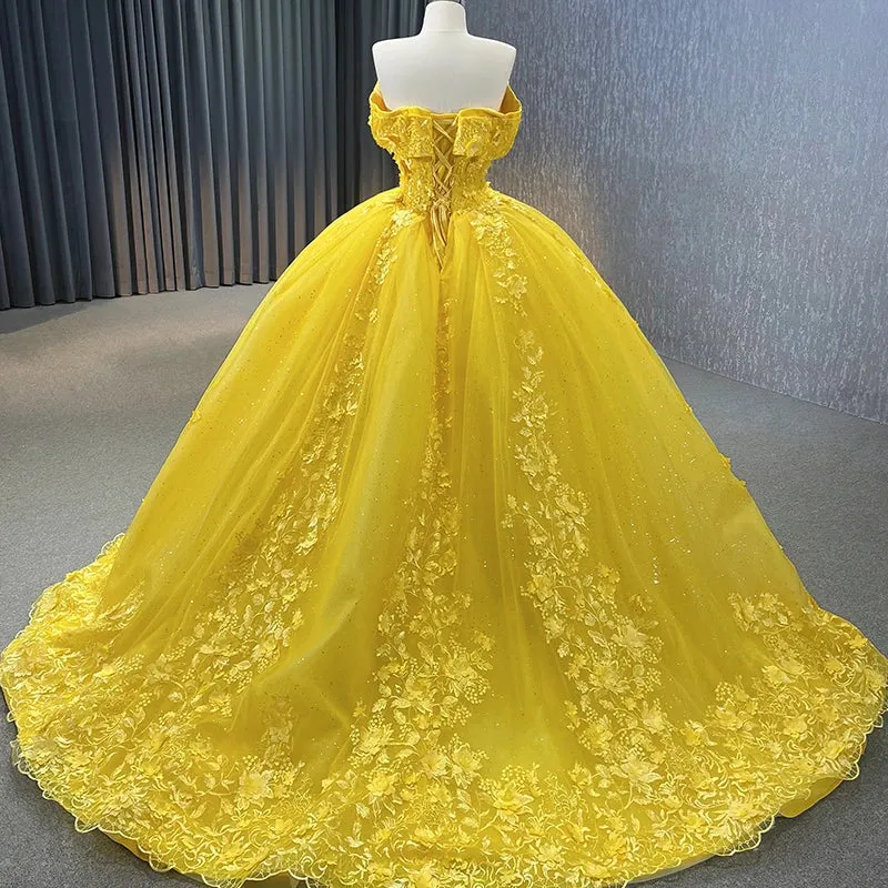 Yellow Sweetheart Party Dresses Lace Sleeveless Quinceanera Dresses