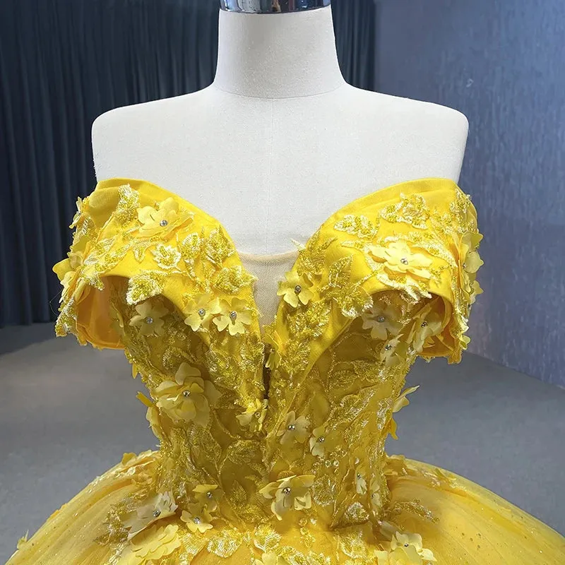 Yellow Sweetheart Party Dresses Lace Sleeveless Quinceanera Dresses