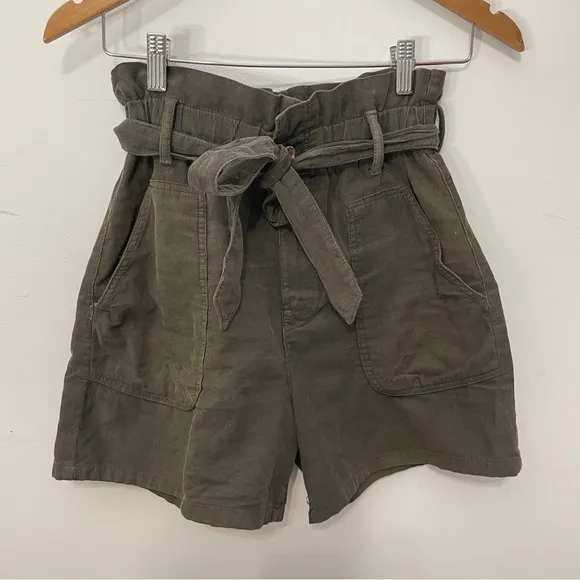 Zara Corduroy Paper Bag Cinched Belted Waist Army Green Wide Leg Trouser Shorts