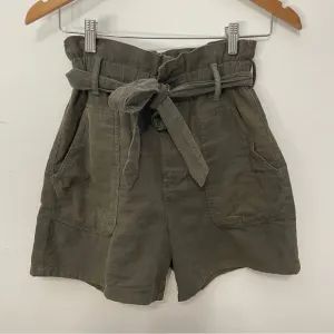 Zara Corduroy Paper Bag Cinched Belted Waist Army Green Wide Leg Trouser Shorts