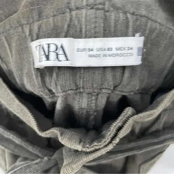 Zara Corduroy Paper Bag Cinched Belted Waist Army Green Wide Leg Trouser Shorts