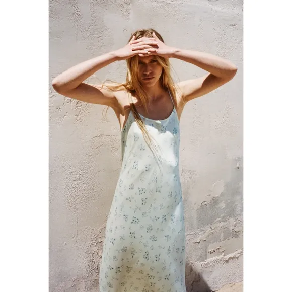 Zara Lingerie Slip Dress Blue Floral Print Nightgown  Womens Size L