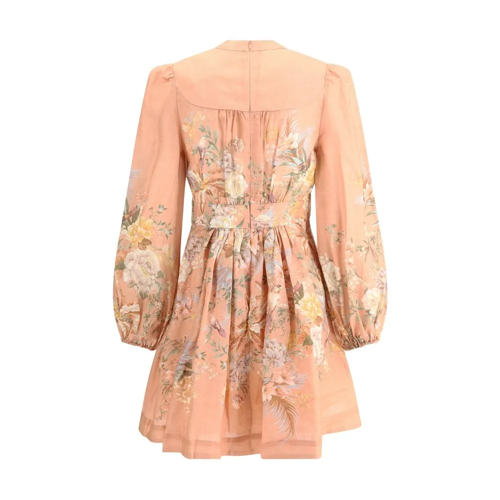ZIMMERMANN Tallow Women Multicolor Plunge Dress Fabric Balloon Sleeves Mini Gown