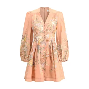ZIMMERMANN Tallow Women Multicolor Plunge Dress Fabric Balloon Sleeves Mini Gown