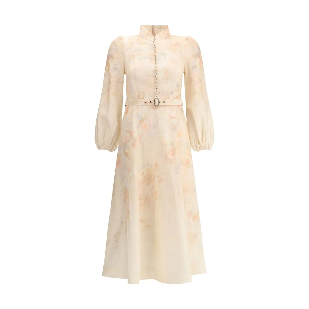 ZIMMERMANN Women Multicolor Plunge Dress Fabric Floral Print Pearl Buttons Gown